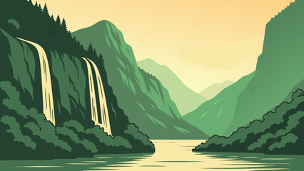 Fototapeta premium Scenic Green Fjord Landscape with Waterfalls at Sunset Gradient Vector 