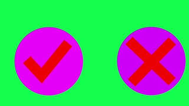 Animated pop-up green check mark and red cross X symbol on transparent background. A checkmark in and out motion graphics animation. Video footage of yes or no, true or false with alpha channel