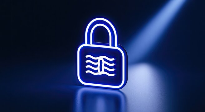 Glowing blue padlock with abstract wave pattern, on dark background, spotlight