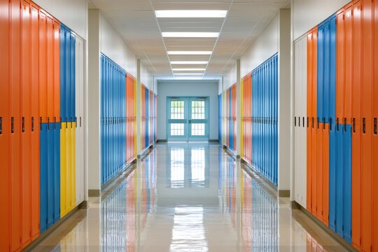 Bright, colorful school hallway with rows of lockers, leading to double doors