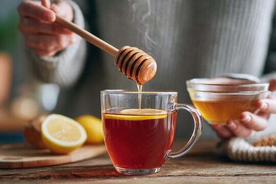 A close up, eye level shot shows a person's hands adding honey to a mug of tea.