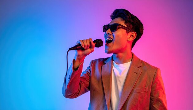 Professional pop singer performing with handheld microphone on colorful gradient background, fashionable outfit, vibrant studio lighting, entertainment concept