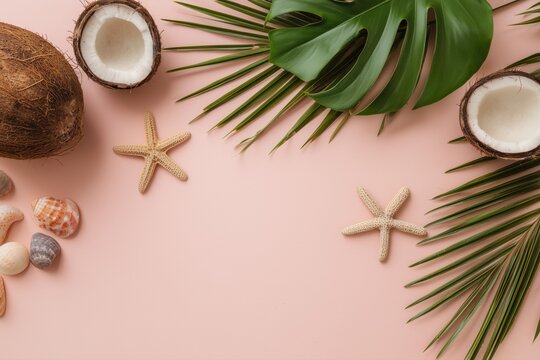 Tropical summer background with starfish, coconuts, and palm leaves on a pink color background.