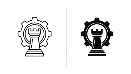 Chess Rook Inside A Gear Icon Set Representing Strategic Engineering And Industrial Planning Style © ASHRAFUR 