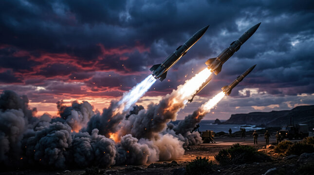 Military missiles launching into a dark stormy sky with bright fire trails and generated using ai