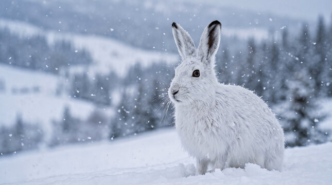White Arctic hare stands in falling snow, ears alert in winter. This wild Arctic hare, Lepus arcticus, shows natural camouflage, blending into snowy environment.