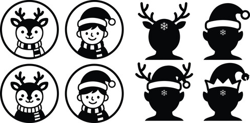 Set of hand drawn doodle christmas icons featuring cute reindeer and children wearing festive santa hats and scarves © MDTamizUddin