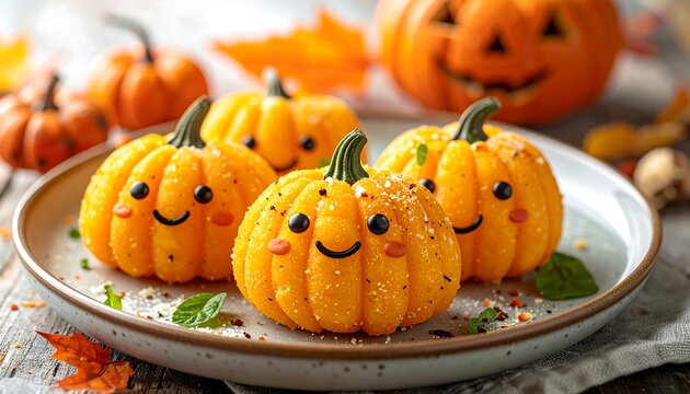 A plate of adorable orange pumpkin-shaped food with smiley faces