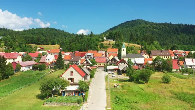 Aerial view of countryside landscape, small mountain town of Lokve in Gorski kotar, Croatia