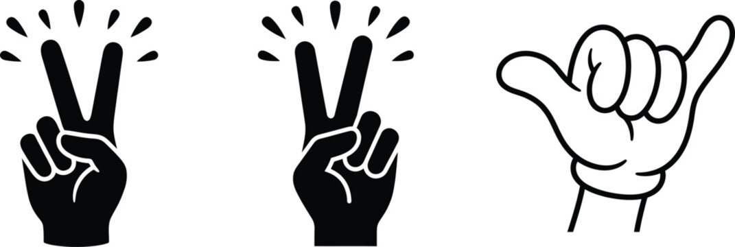 Set of hand gestures showing peace signs and a shaka sign in a simple black and white illustration style