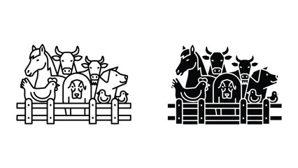 Group of farm animals standing behind a wooden fence in a minimalist vector illustration style © fahad
