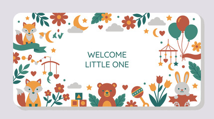 Fototapeta premium Baby animals nursery frame with welcome greeting text.