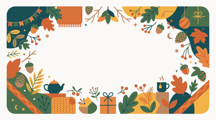 Fototapeta premium Autumn seasonal border with falling leaves and cozy elements.