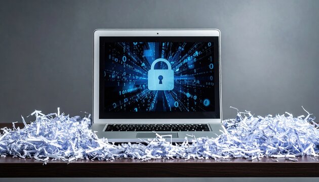 Office desk with shredded documents and laptop, cybersecurity and privacy concept