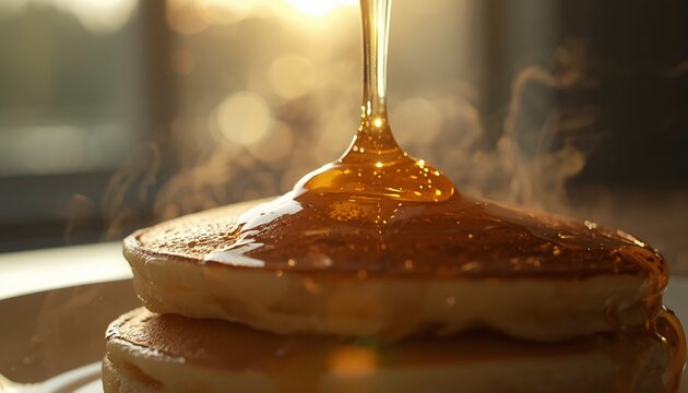 Cinematic Honey pour on sizzling hot pancakes
