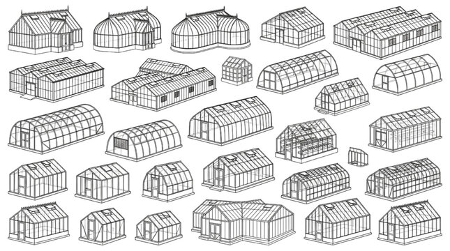 Isometric Greenhouses and Glasshouses CAD Vector Line Art Set