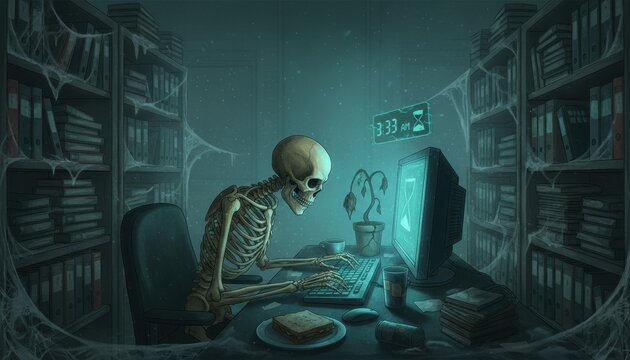 Illustration of a skeleton at a computer in a dark, cobweb covered room with bookshelves and a digital clock showing 3:33 AM