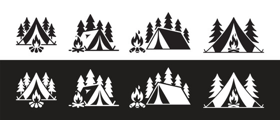 Camping tent icons with campfire and forest. Vector outdoor adventure and travel symbols. © CreatetiveDesignX