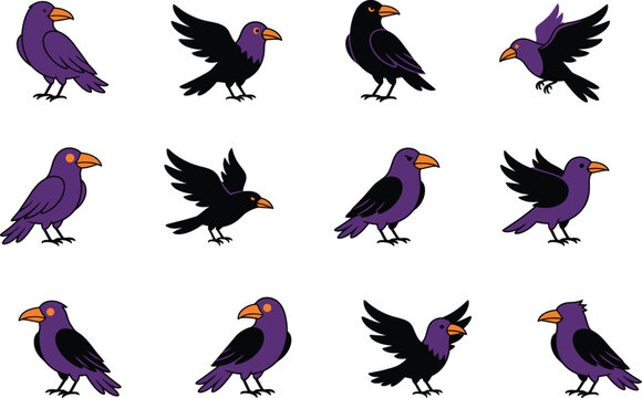 Halloween ravens with different colors and styles, halloween