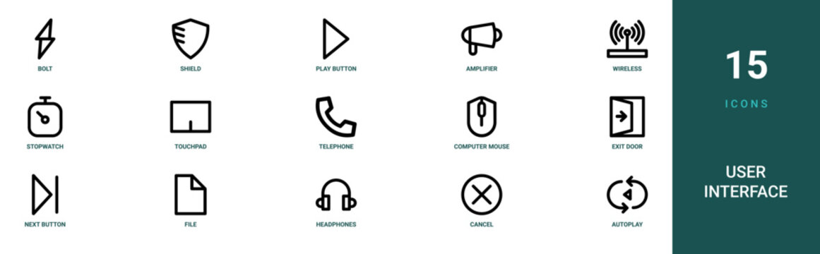 Set of 15 outline web User Interface icons such as autoplay, cancel, headphones, file, next button, exit door, computer mouse vector icons for report, presentation, diagram, web design, mobile app