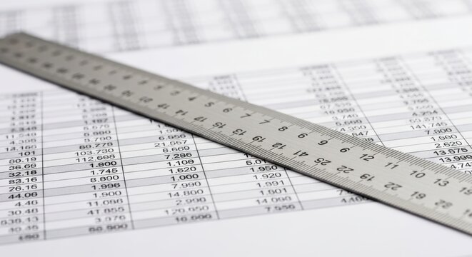 Precision metal ruler meticulously laid across detailed numerical data sheets signifying accuracy measurement financial analysis and academic study in a business environment.