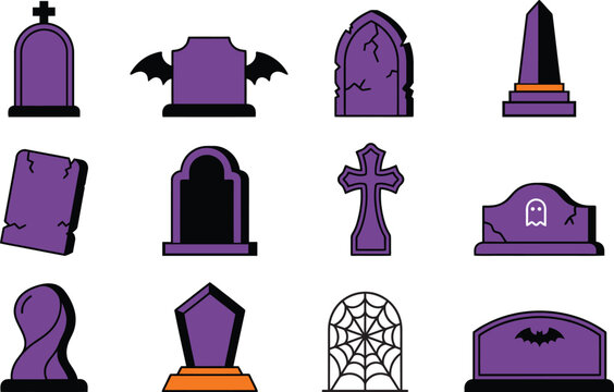 Halloween graveyard tombstones and spooky symbols vector