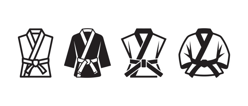 Martial arts uniform icons. Karate gi and judo kimono vector set for sports design.