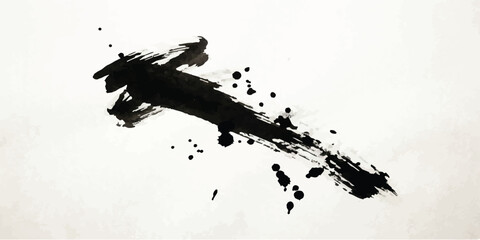 Fototapeta premium Abstract black ink brush stroke with splatters on white background abstract splatter artistic minimalist calligraphy creative background monochrome watercolor brushwork isolated movement