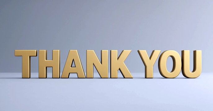 Golden threedimensional thank you text with soft shadow on neutral background