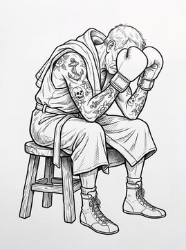 Black and white ink illustration of a tattooed boxer sitting hunched on a wooden stool with his head resting in his boxing gloves, suggesting exhaustion.