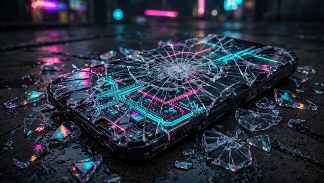 Shattered Smartphone Screen with Neon Cyberpunk City Lights Reflection.