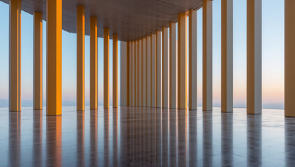 Fototapeta premium Modern architectural colonnade with reflective floor and soft sunset light