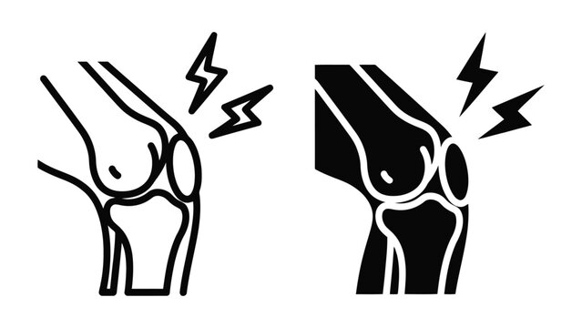 Knee pain icon set showing joint inflammation and injury in a simple flat vector illustration style