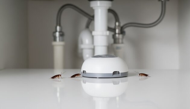Small white electronic pest control device under kitchen sink with several cockroaches crawling on white surface