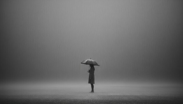 Solitary woman holding umbrella stands in vast empty space under heavy rain creating moody and melancholic atmosphere in grayscale