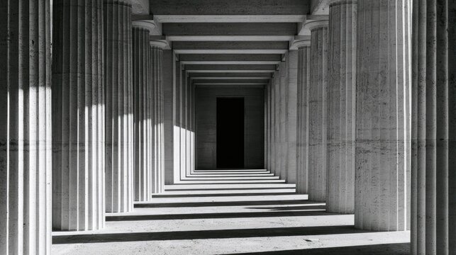 Sunlight stripes a long colonnade with towering, fluted pillars leading to darkness