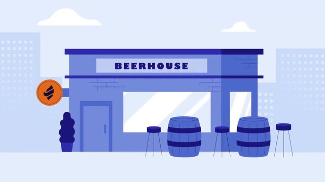 Beerhouse Bar Exterior Storefront Commercial Building 2D Vector Motion Graphics Animation