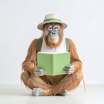 Flat Design Illustration of a Smart Orangutan Wearing an Explorer Hat and Reading a Book
