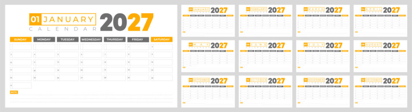 2027 Calendar Template Vector Design. 12 Months Desk Planner Layout, Modern Yellow and Gray Business Calendar Set. 2027 Desk Planner Calendar design.