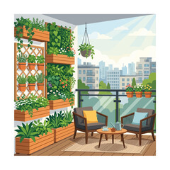 Obraz premium Lush apartment balcony garden with modern outdoor seating.