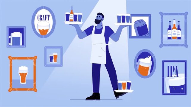 Bartender Serving Craft Beer Brewery Interior Bar Scene 2D Vector Motion Graphic Animation