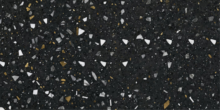 Modern dark terrazzo texture with small white and grey mineral fragments terrazzo material background construction industrial architectural interior speckled aggregate polished abstract