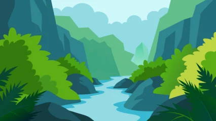 Fototapete Grün Lush Limestone Valley with Tropical Stream Flat Vector Landscape   © Nayon Chandro Barmon