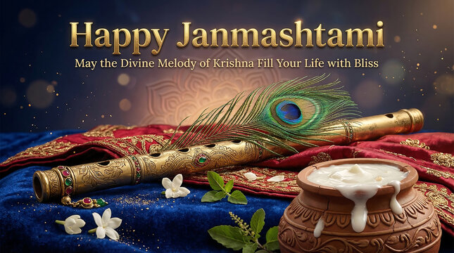 Celebratory janmashtami decor with showcases festive Janmashtami composition intricately designed instruments ceremonial clay pots against richly textured backdrop