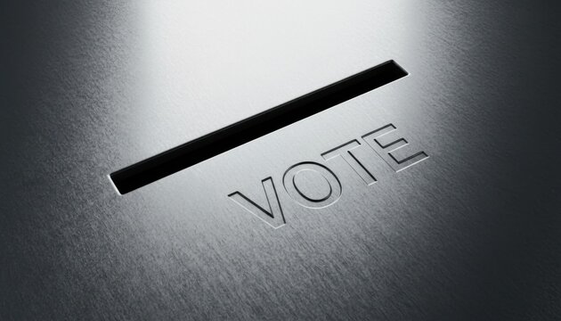 Close up angle of a brushed metal voting box surface featuring a narrow ballot slot and the engraved word vote