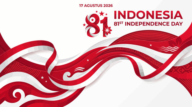 Indonesia 81st independence day celebration banner, featuring abstract red and white waves, traditional batik ornaments, and elegant typography.