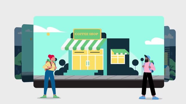 Tourists Walking Past Retail Shops Storefronts Street Scene 2D Vector Flat Animation