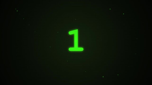 Digital countdown timer with green numbers and particle motion graphics