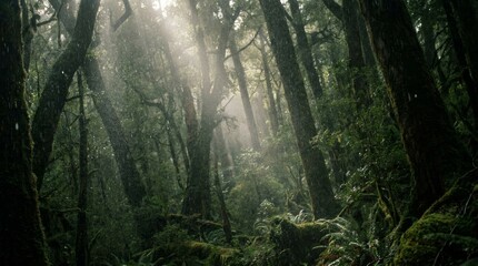 Obraz premium Rain falling through sunlit misty rainforest canopy