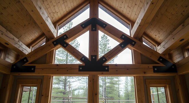 Interior view of a rustic timber frame cabin with large windows and wooden beams.